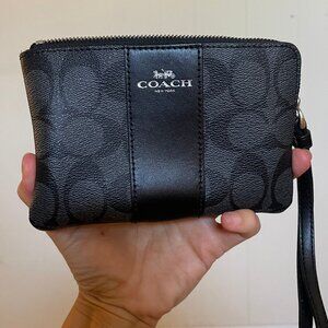 Coach Corner Zip Wristlet in Signature Canvas with Black Stripe